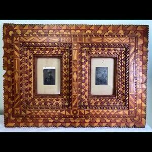 Antique Tramp Art Double Picture Frame Handmade Folk Art Cigar Boxes 28.5" Rusti
